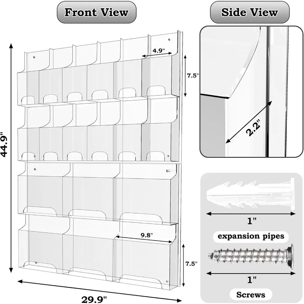 Acrylic Brochure Pamphlet Holder, 6 Magazine Holders and 12 Pamphlet Holders, Clear Brochure Display Holder Wall Mount