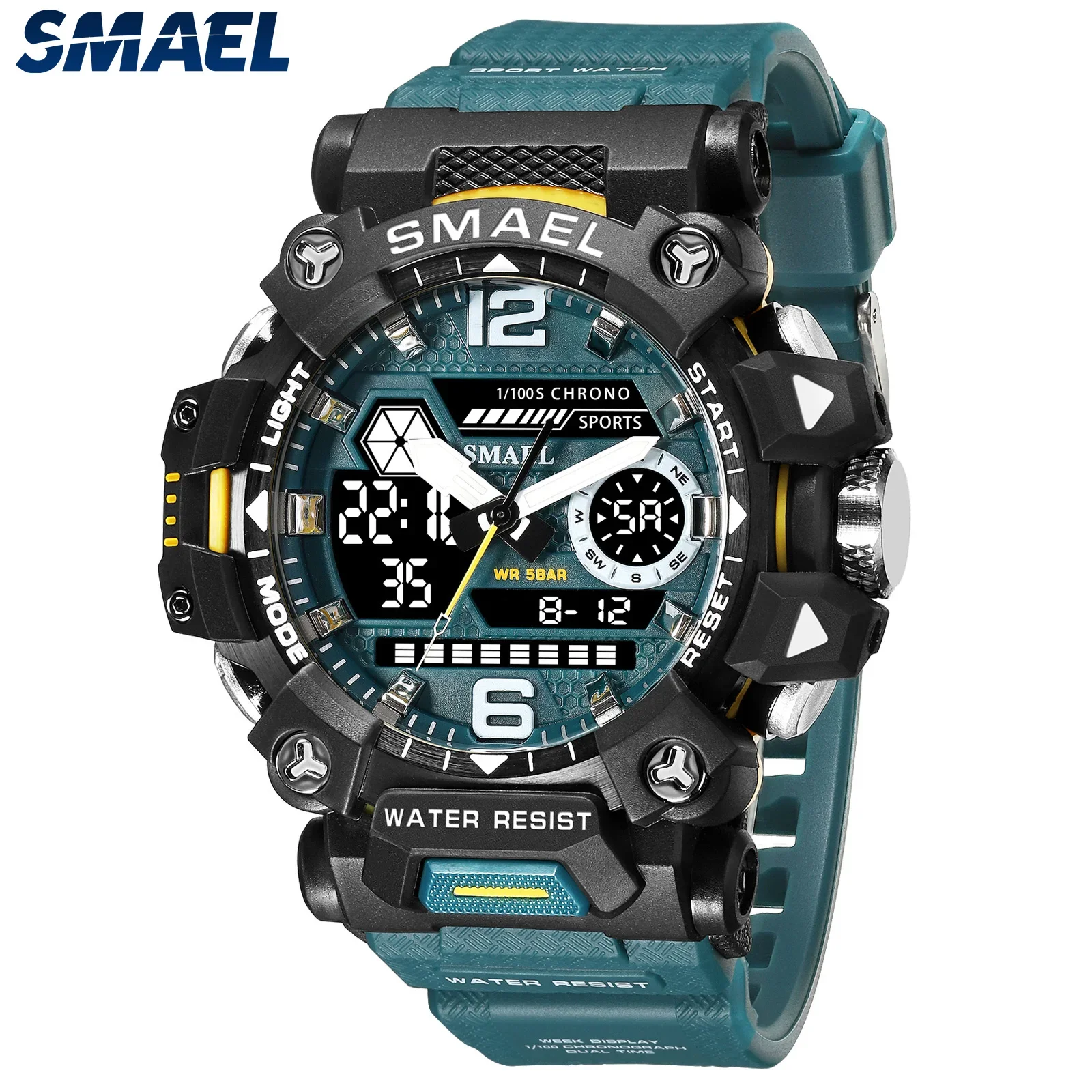 SMAEL Outdoor Tactical Men\'s Alloy Military Style Watch Night Glow Waterproof Dual Display Quartz Electronic Watch 8072