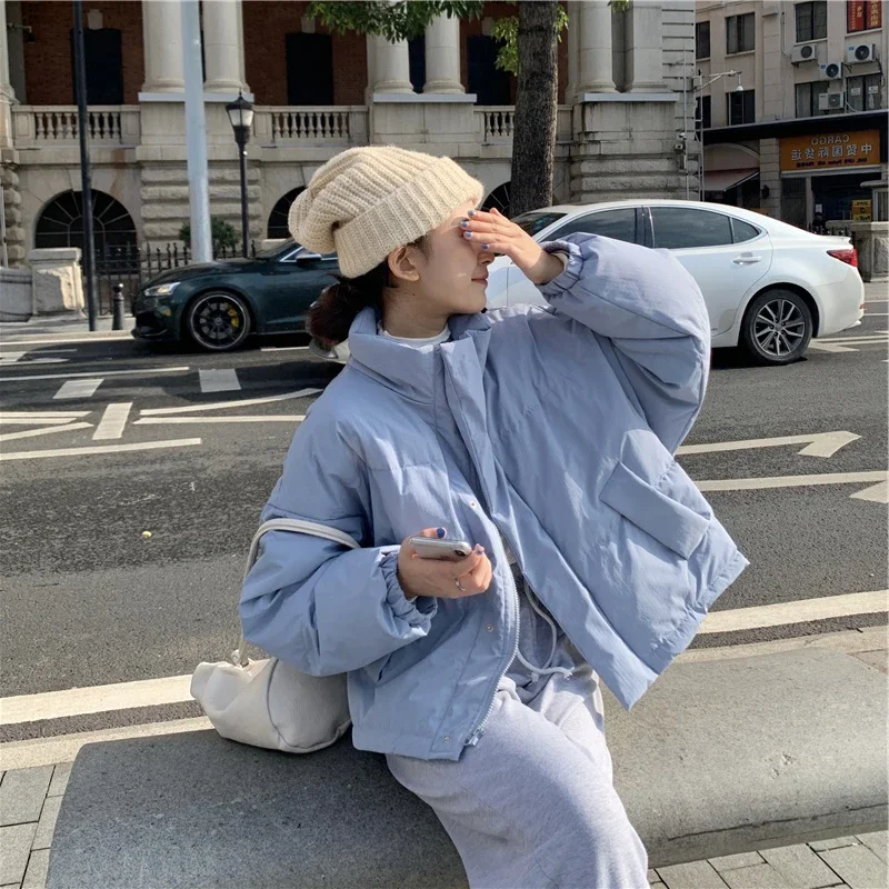 2024 Winter Warm Elegant Thick Blue Parkas Coats Women Loose Casual Simple Puffer Jacket Korean Fashion Student Outwear New