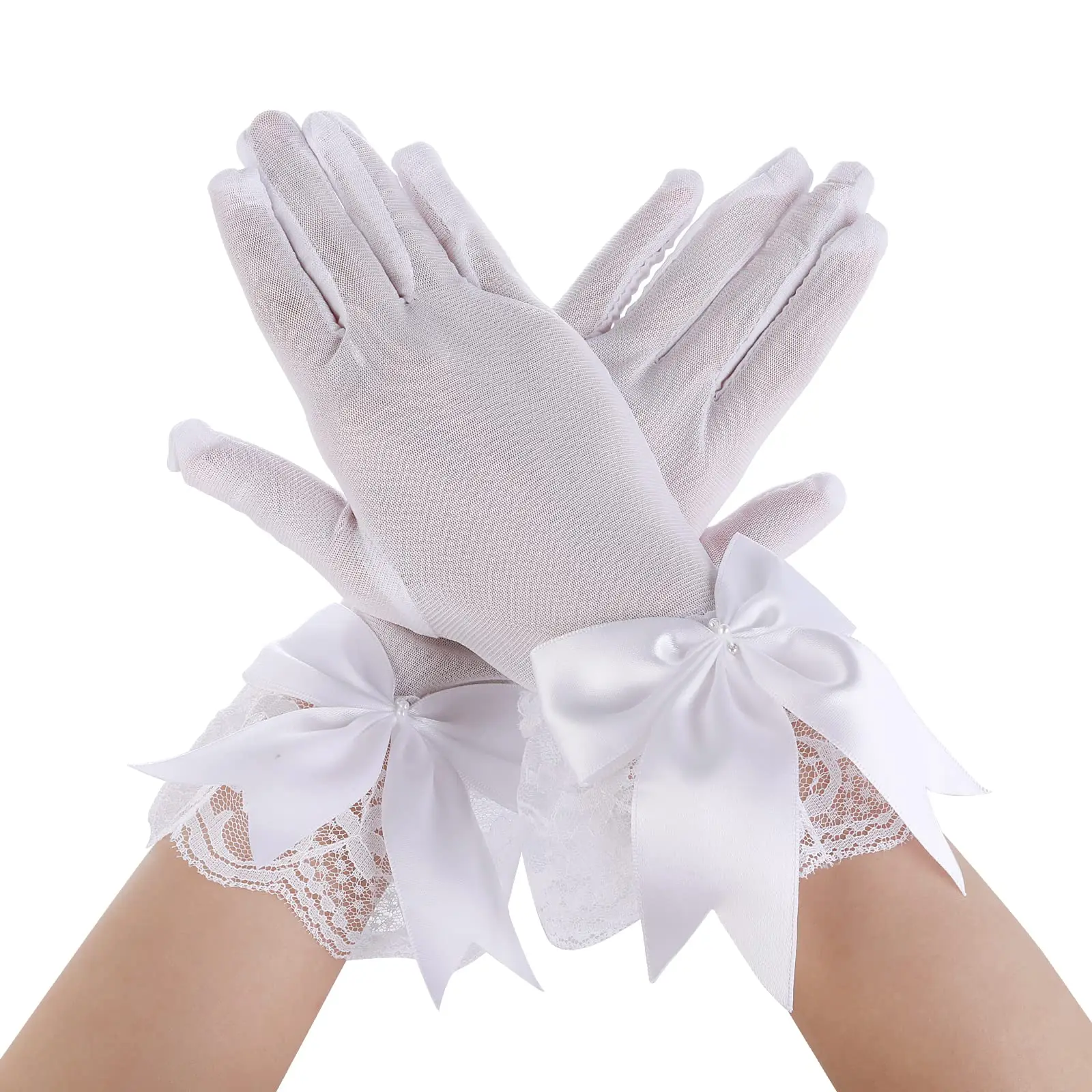 

Black White Women Lace Gloves Ladies Wrist Large Bow Knot Bride Weddings Glove Party Cosplay Accessories