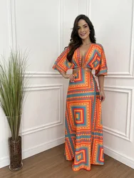 Spring Summer Elegant Print Maxi Dresses For Women Sexy Waist-revealing Cutout Lace Up Silt Long Dresses Beach Holiday Sundress