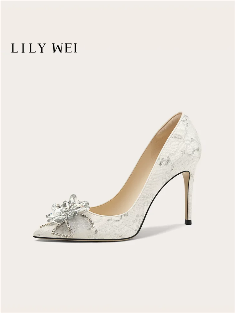 Spring pointed shallow mouth lace mesh bow crystal wedding shoes banquet large size small size slim high-heeled women's shoes