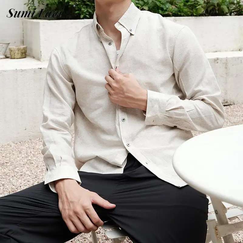 

Autumn Vintage Linen Shirts For Mens Long Sleeve Button-up Turn-down Collar Casual Shirt Men's Fashion Slim Solid Color Shirts