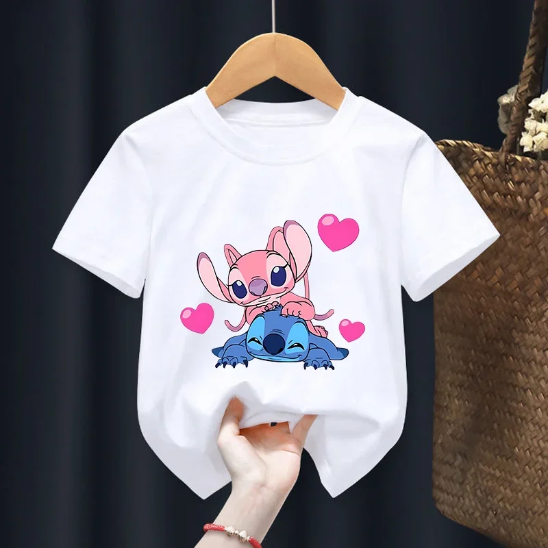 Stitch Disney Kids White Cotton T Shirt Cute Baby Short Sleeve Tees Shirt Cartoon Boys Girls Summer Clothes Kawaii Tops Gift