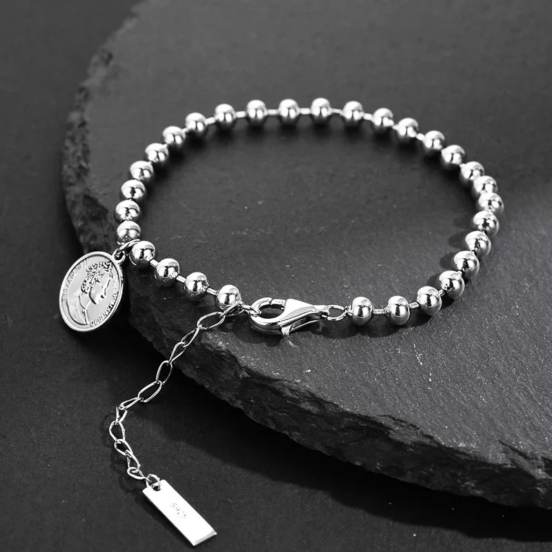 Ables Chic Solid 925 Silver Elizabeth Coin Ball Chain Statement Bracelet Y1S2B21015