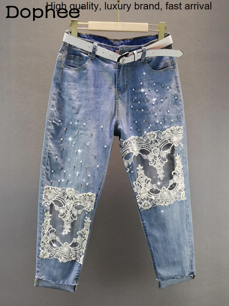 Chic Heavy Industry Beaded Ripped Lace Hollow Out Jeans Women Loose Slimming Thin Denim Pants 2023 New Summer Pantalones Mujer