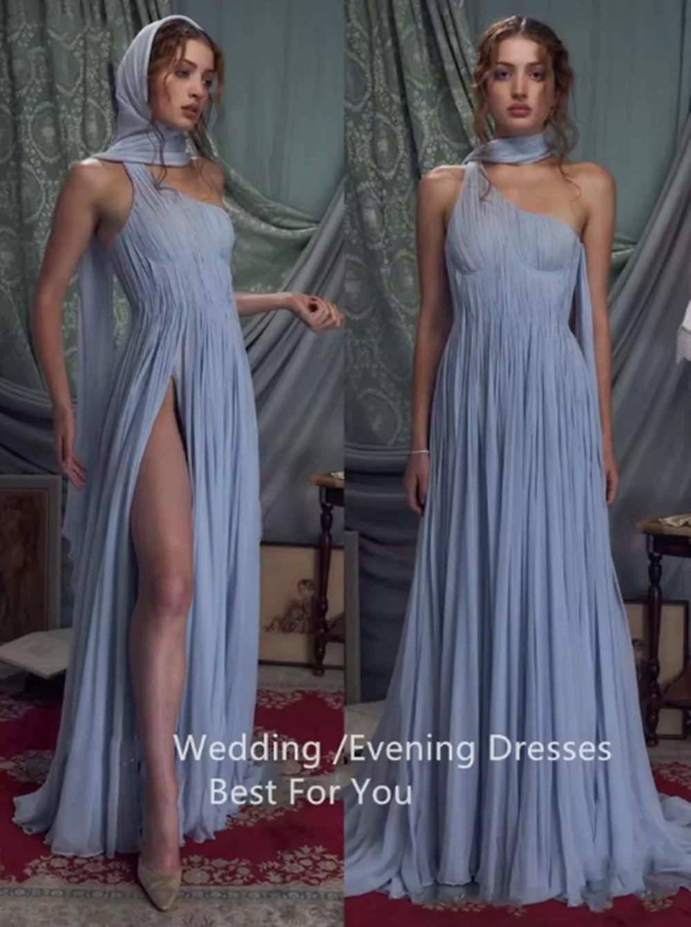 

Blue A-line Evening Dresses One Shoulder Scarf Pleat Strapless Party Dress Elegant Floor-Length Prom Gowns Customized