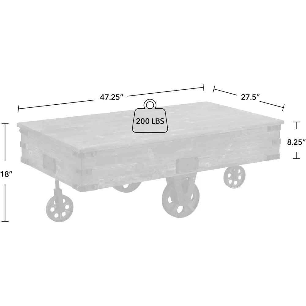 Mesa de centro marrom com carrinho de fábrica, mesa central retrô com rodas na sala de estar, retangular, madeira, fazenda, 47,25 polegadas