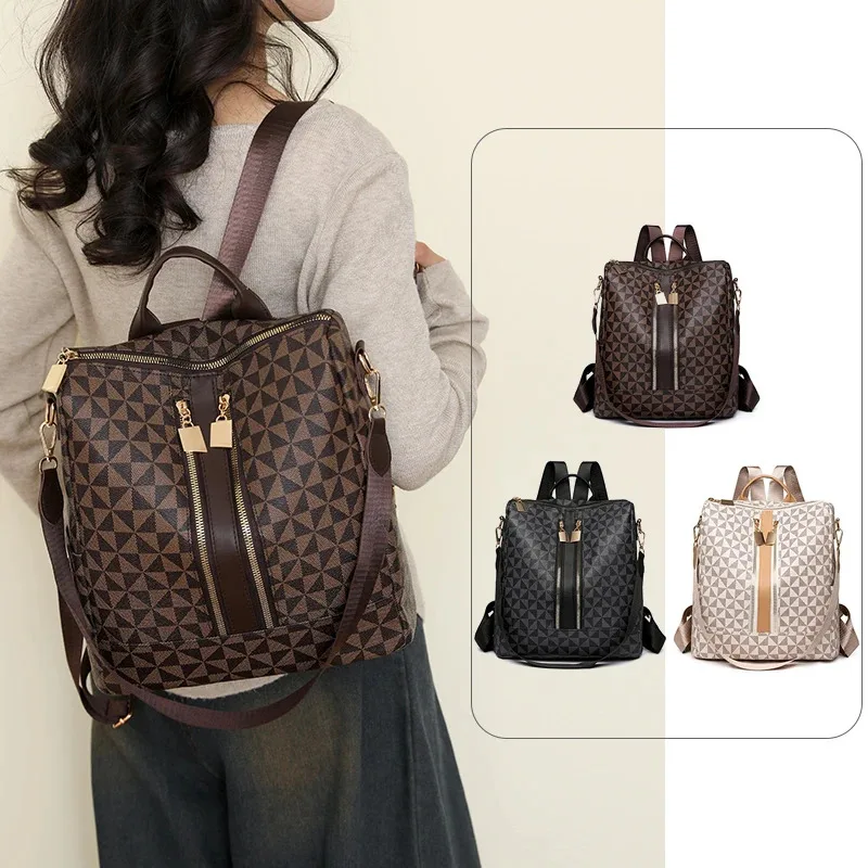 

Винтажный женский рюкзак для отдыха, сумка через плечо из ПУ с ромбовидным узором, многофункциональный противоугонный рюкзак большой вместимости.