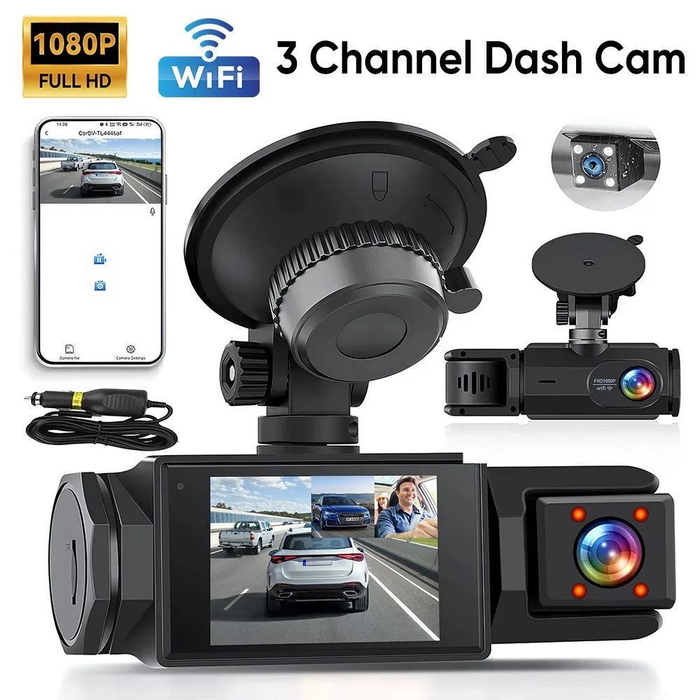 1080P Car Dash Camera 3-Way Triple Lens Dashcam WiFi Car DVR Front Interior Rear Cam Loop Recording G-sensor 2.0Inch Registrator
