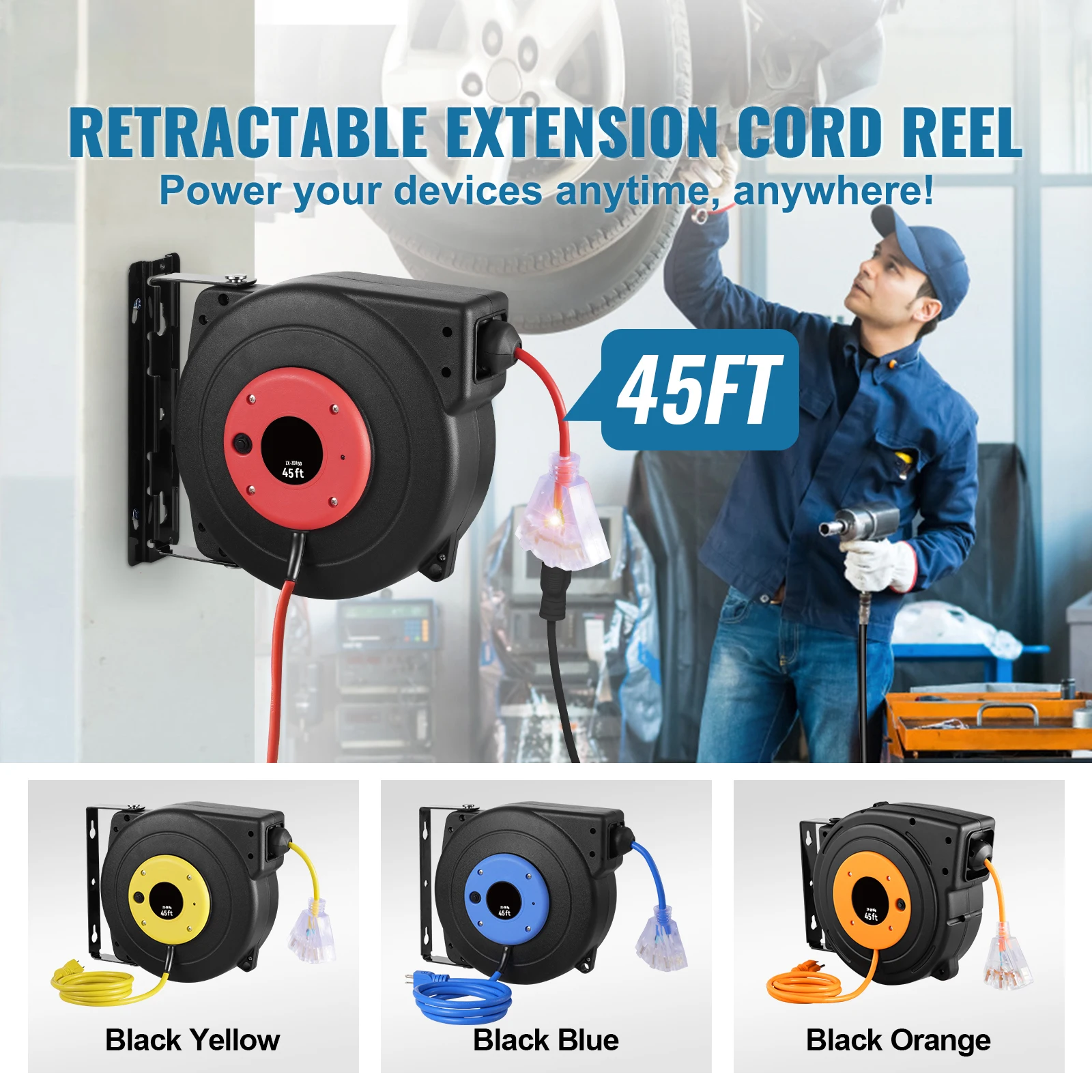Retractable Extension Cord Reel, 45 FT, Heavy-Duty 12AWG/3C SJTOW Retractable Power Cord with Lighted Triple Tap Outlet, 15 Amp Circuit Breaker 180 °   Swivel Bracket for Ceiling or Wall Mount