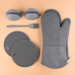 7Pcs/set Microwave Gloves Heat Insulation Silicone Baking Gloves Oven Mitt Pot Holder Nonslip Grilling Pad Hand Clip For Kitchen