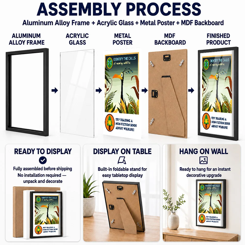 Cartoon Bird And Wildlife Framed Aluminum Metal Poster Customized Nature Tribute Wall Art For Animal Fans Decorating Living Room