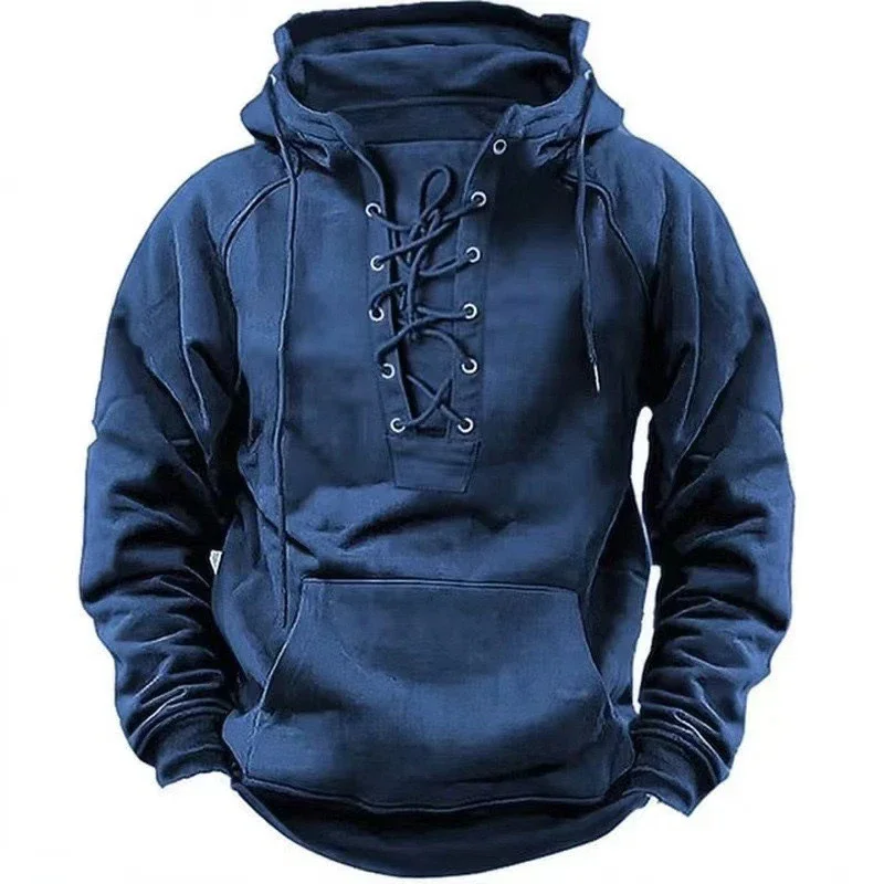 New Spring Autumn Mens Fashion Hooded Sweatshirts Solid Color Lace-up Drawstring Long Sleeve Hoodies Male Vintage Streetwear Top