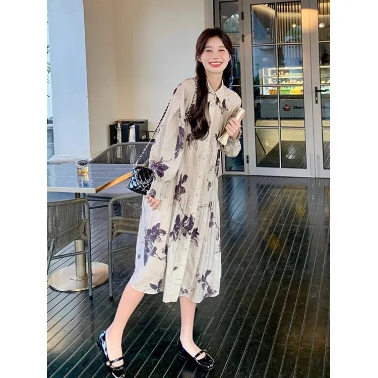 Ele Chinese Water Ink Print Long Sve irt Dr Damen Frühling Herbst A-Linie Midi Dr Baumwollmaterial Blumenmuster