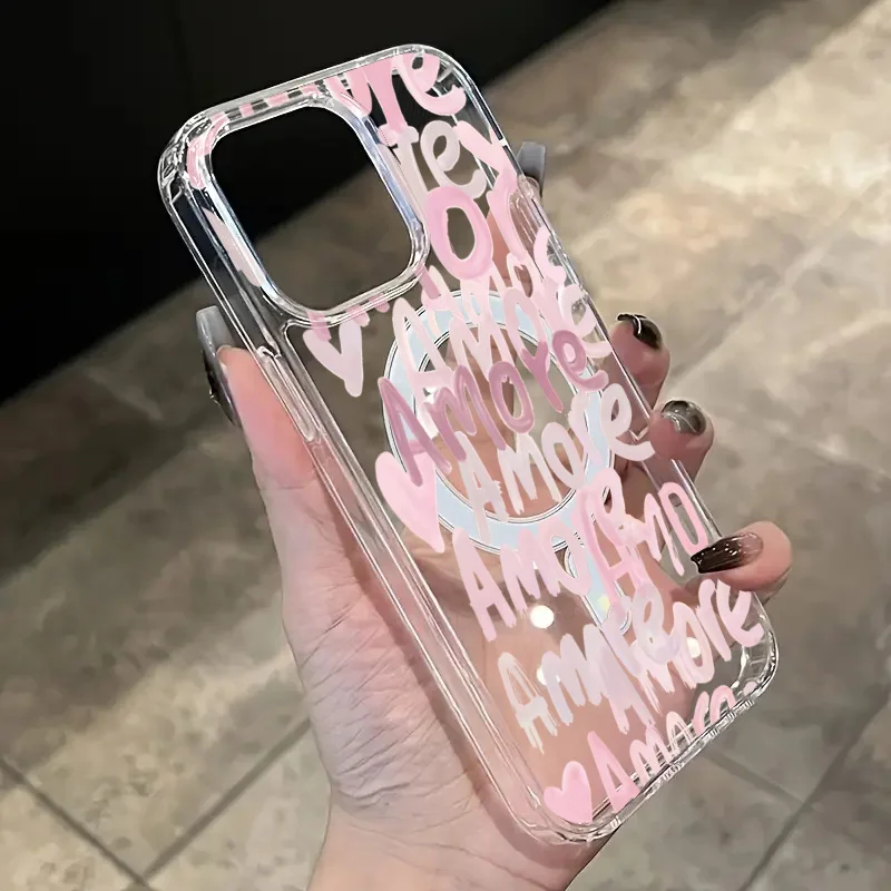 Amore-Love Romantic Pink Lettering Phone Case for iPhone 18 17 16 12 13 11 14 15 Pro Max 7 8 Plus Magnetic Wireless Charge Cover