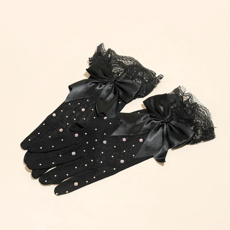 New Women Mesh Flash Drill Lace Bow Gloves Sparkling Dress Mittens Bride Wedding Halloween Cosplay Black Full Finger Gloves T266