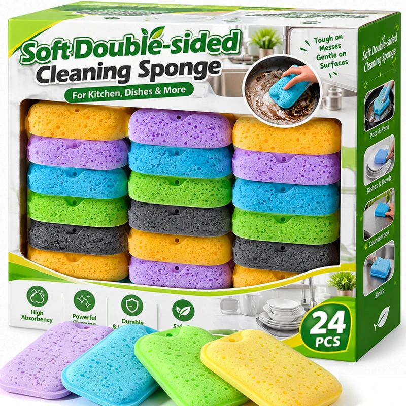 1/24PCS Soft Cleaning Sponge Double-sided Absorbent Rub Rust Scouring Pad Household Kitchen Dish Washing Cleaning Sponge Brush