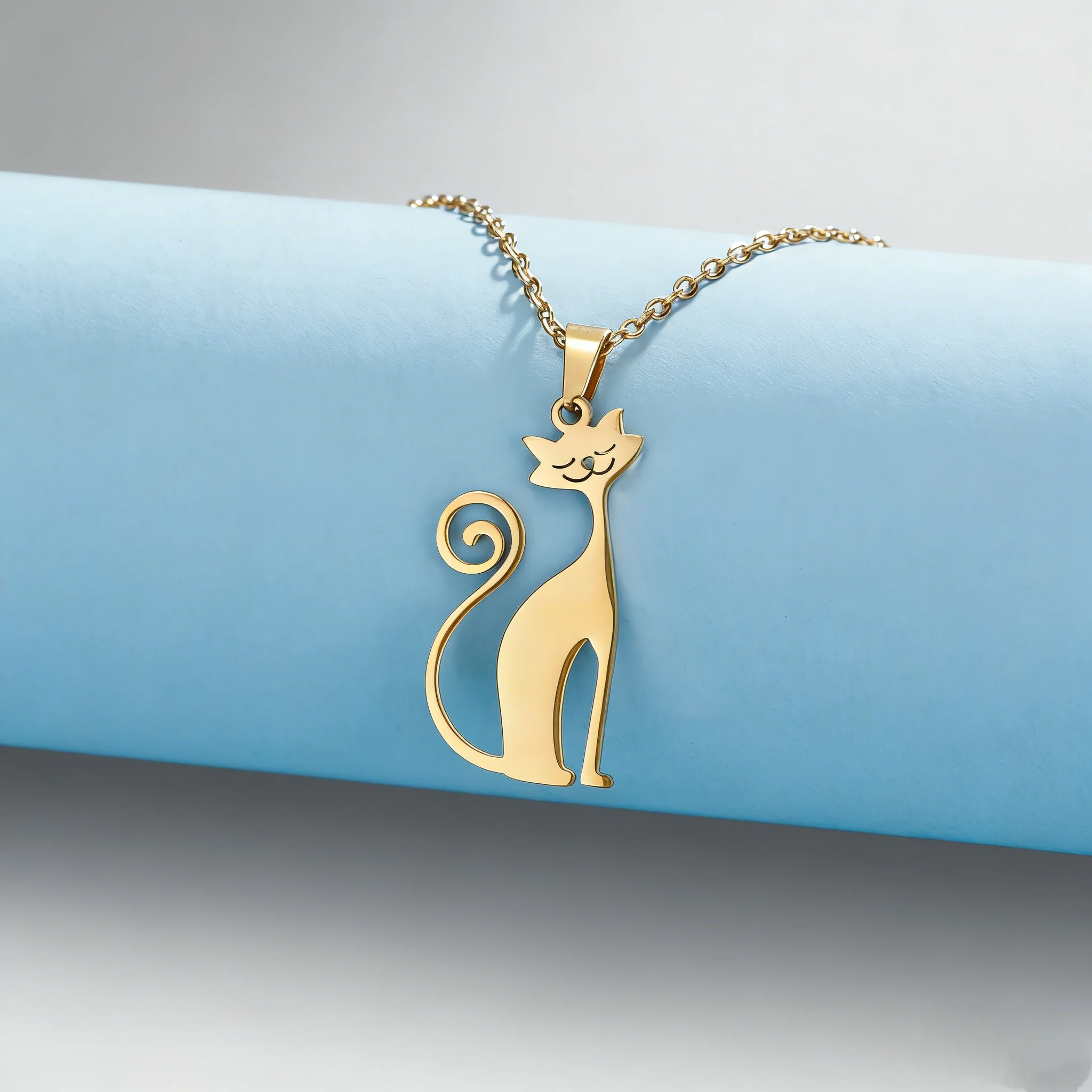 Niedliche Lächelnde Katzen-Anhänger-Halskette, Minimalistischer Haustier-Schmuck aus Edelstahl, Zierliche Kette Geschenk für Katzenliebhaber