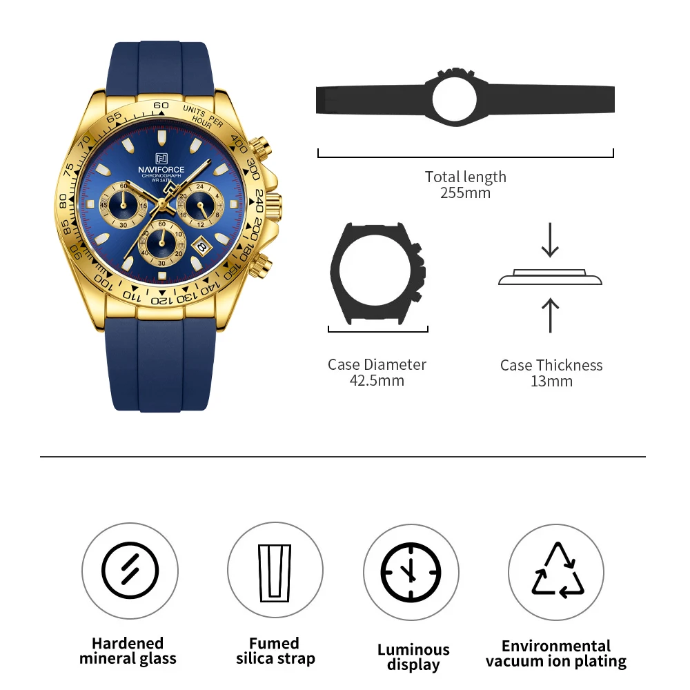 NAVIFORCE Luminous Auto Date Male Clock Sport Quartz Men Watch Fashion Chronograph Luxury Brand Men Wristwatch Silicone Strap