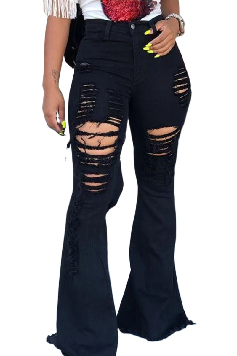 

Европейско-американские женские ностальгические джинсы с высокой талией, эластичные в стиле ретро, подтягивающие бедра, модные рваные модные джинсы-расклешенные джинсы, джинсы длиной до пола