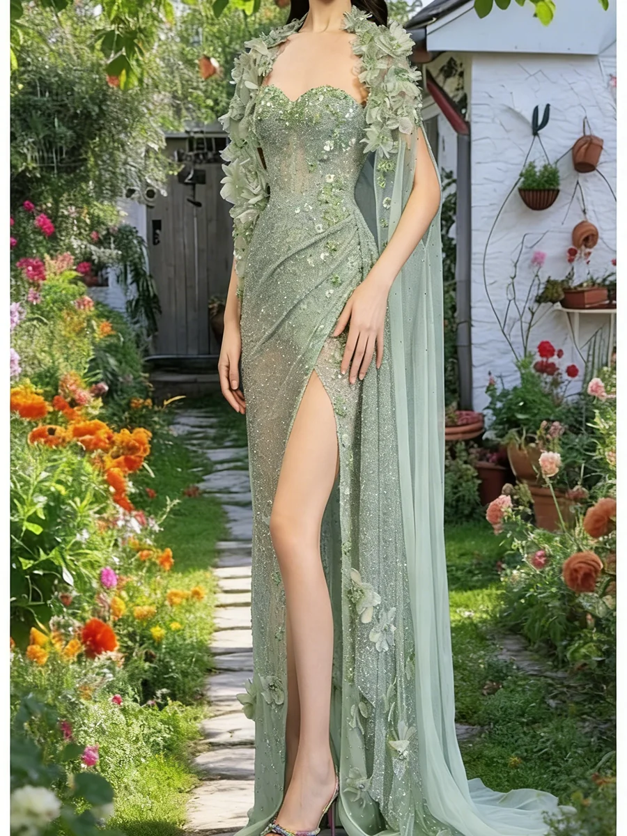 ชุดราตรีทรงเข้ารูปแขนสั้นประดับลูกไม้หวานหรูหราสำหรับงานเลี้ยงวันเกิด งานพรอม สามารถสั่งตัดได้