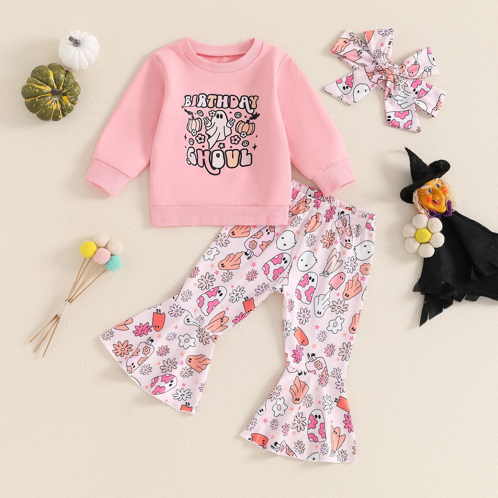 BeQeuewll Autumn Winter Infant Girls Clothes Set Cute Baby Halloween Outfit Long Sleeve Ghost Print Tops Pants Headband Kid Suit