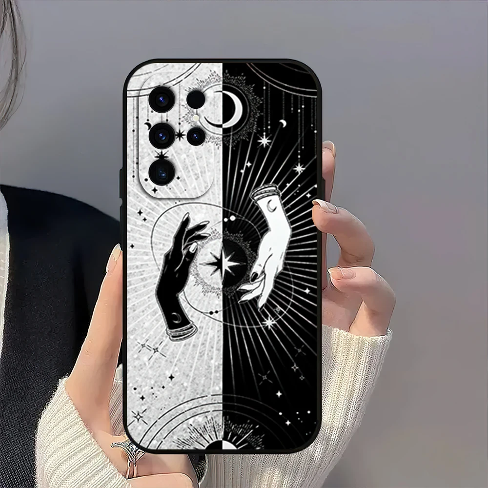 Art C-Celestial H-Hands Print Sun Moon Phone Case For Samsung Galaxy A54 A71 A72 A73 S22 S23 Ultra Black Soft Silicone Cover