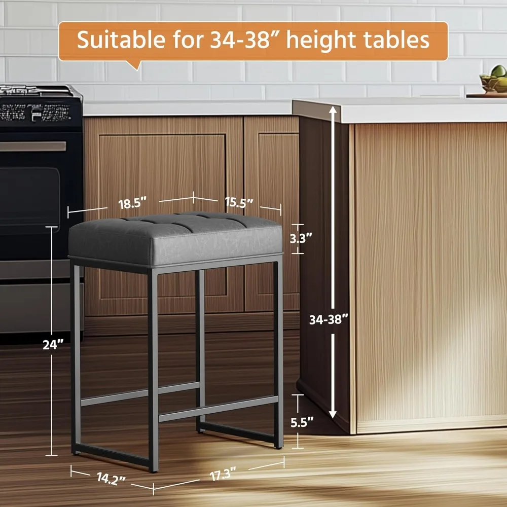 Juego de 4 taburetes de bar de cuero con altura de mostrador, sillas de isla de cocina, 24 pulgadas de alto, asientos cómodos para zona de comedor