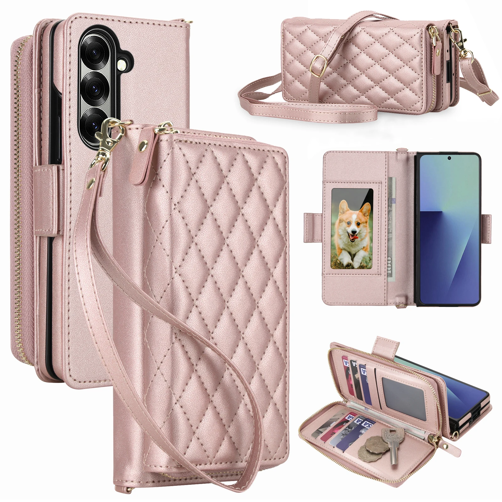 Fashion Elegant Crossbody Wallet Cards Solt Leather Case for Samsung Z Fold 3 4 5 6 7 Book kickstand Shockproof  Skin Feel cover