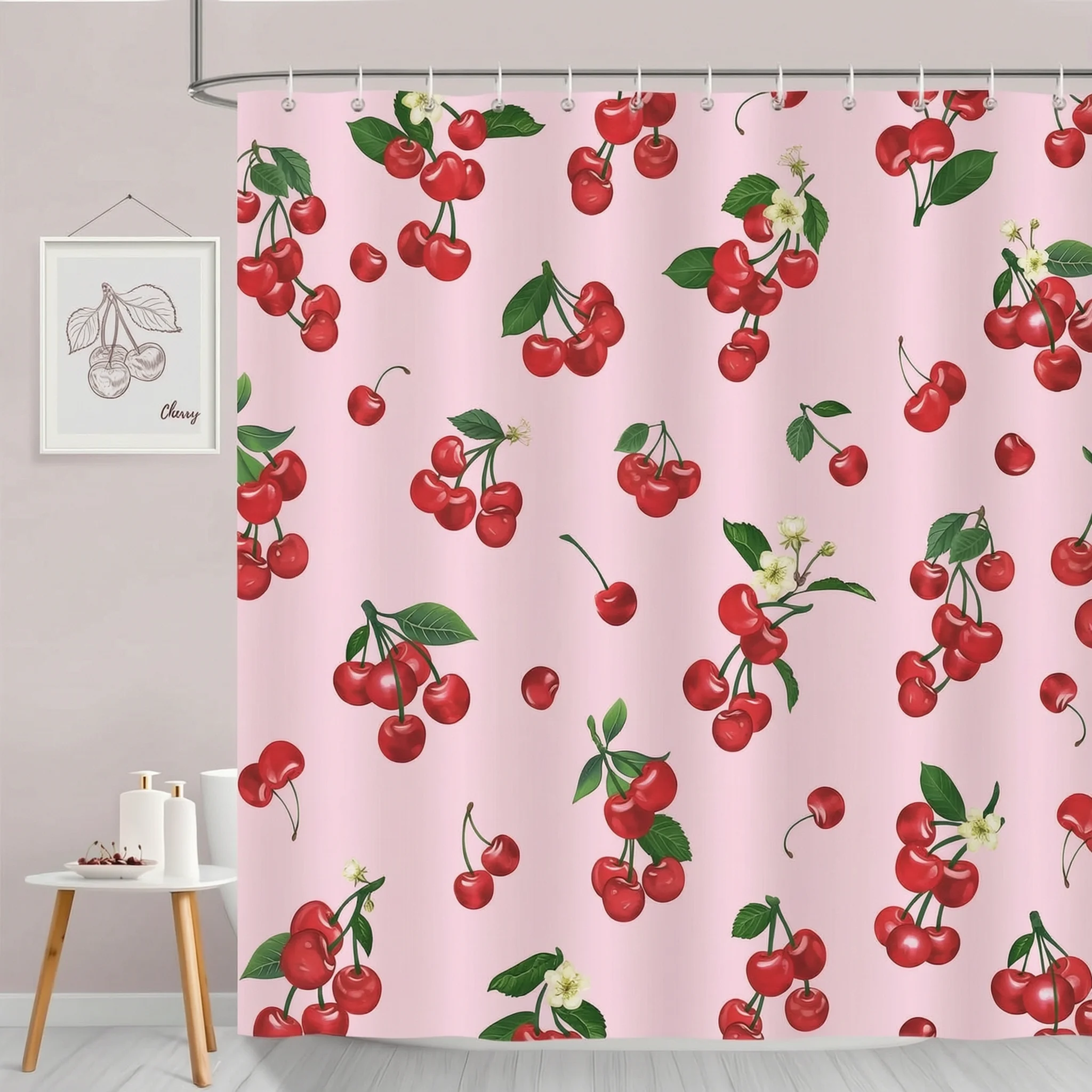Cute Cherry Shower Curtain With Lovely Pink And Red Shower Curtain Fabric Adds Cheerful Bathroom
