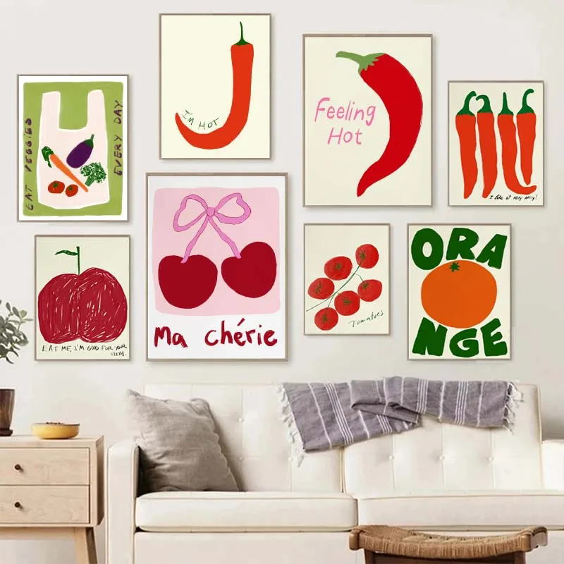 1pc frameless Canvas Painting Colourful Cheers Chili Fruit Orange Foodie Quotes Wall Art Poster Kitchen Canvas Painting Prints f