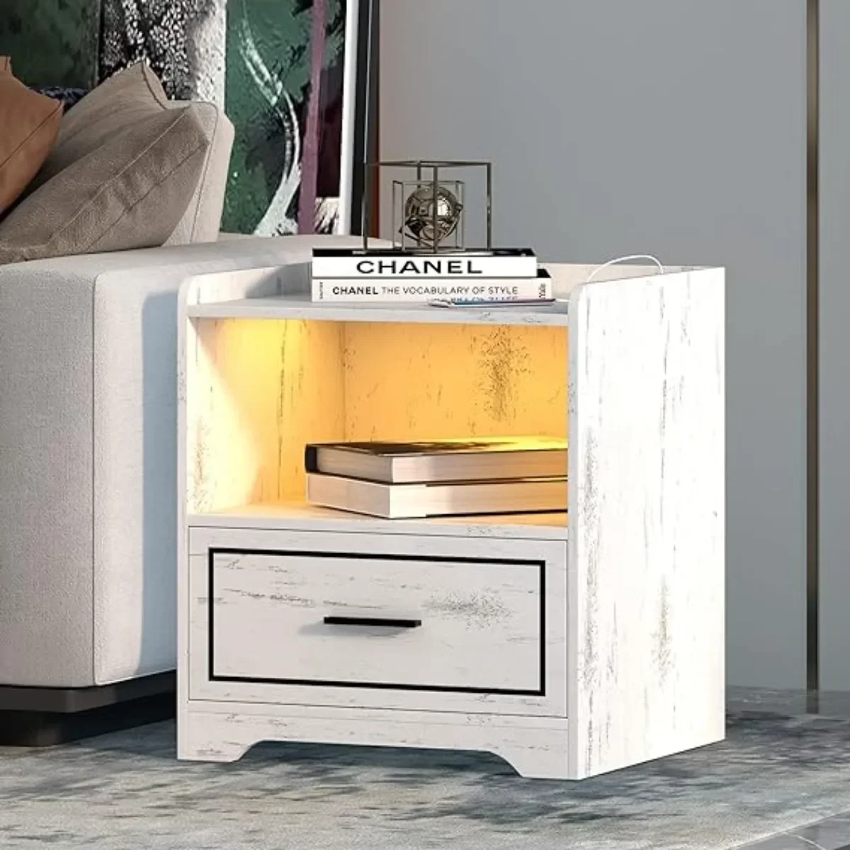 

dnbss Wood White nightstand with Charging Station,led nightstand Charging Station, nightstand with Drawers Table nightstands