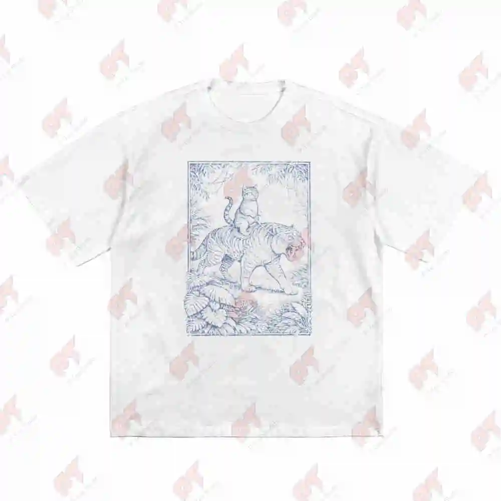 Cat Riding Sabertooth Tiger Vintage Toile Jungle Animal Short Sleeve Tee 100% Cotton T-Shirt
