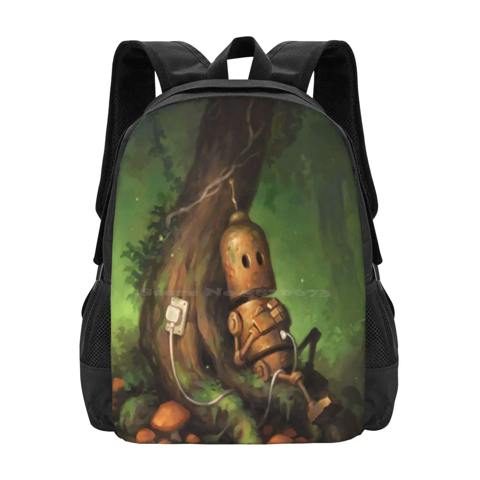 Charging 3D Print Design Backpack Student Bag Robots Mech Nature Tree Charging Lonely Cute Forest Woods Green