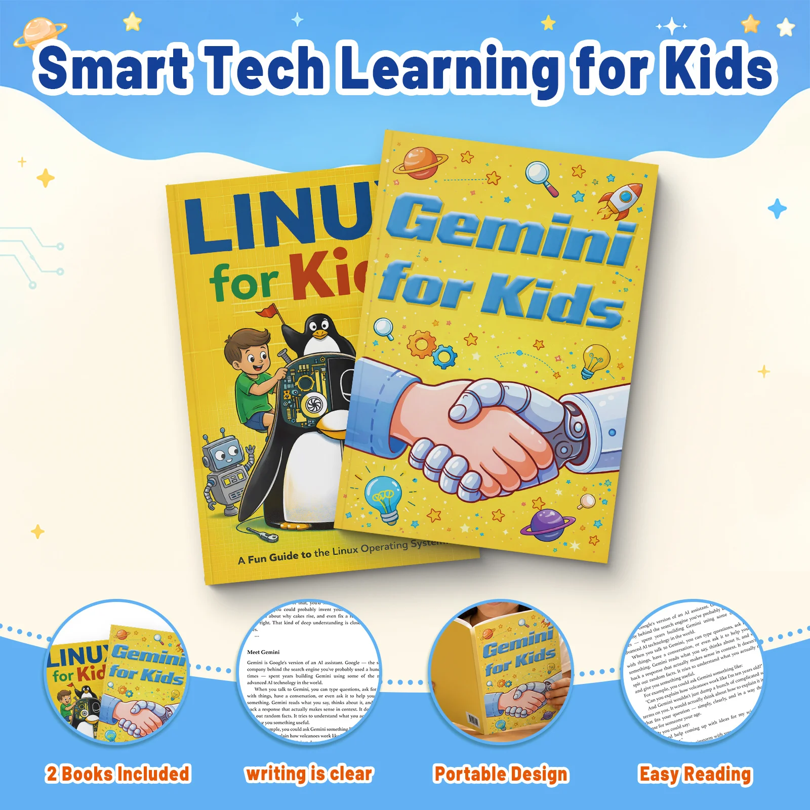 2-Book English Tech Learning Books Set, Gemini for Kids + Linux for Kids, AI Introduction, Gemini Basics