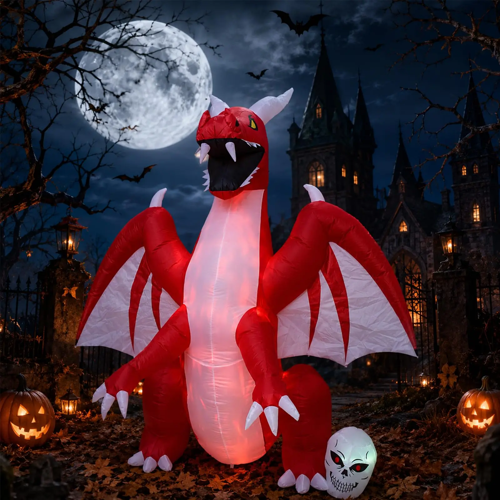240cm Inflatable Halloween Skeleton Pterodactyl LED Lights Outdoor Inflatable Halloween Yard Decoration Dragon 8 ft Garden