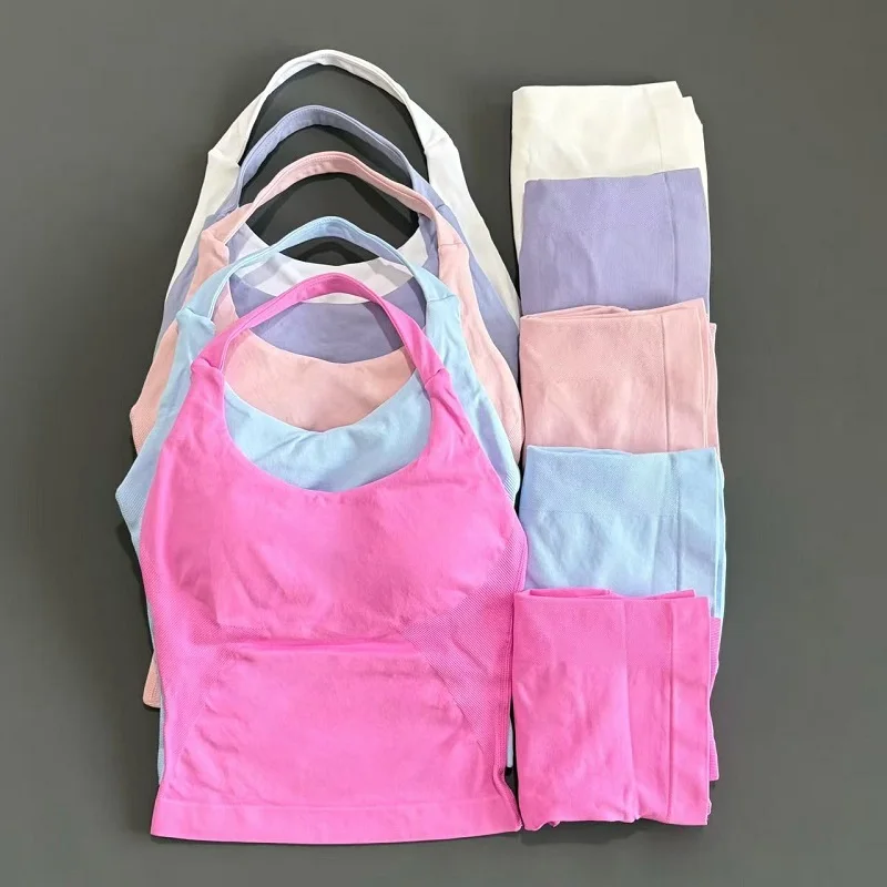 2 Pieces Sports Set Women Backless Halter Tops High Waist Seamless Hight Stretch Shorts Gym Suit Sportswear Workout Sets