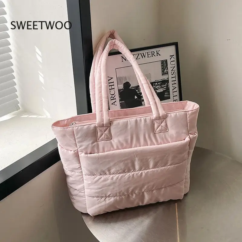 Womens Pink Quilted Tote Bag Large Capacity Puffer Shoulder Bag Casual Daily Handbag