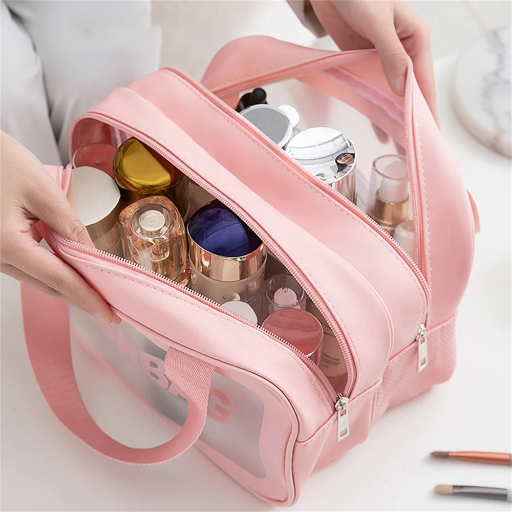 Fashion Portable Large Capacity Makeup Bag; Double Layer Frosted Dry Wet Separation Wash Bag; Multifunctional Travel Storage Bag