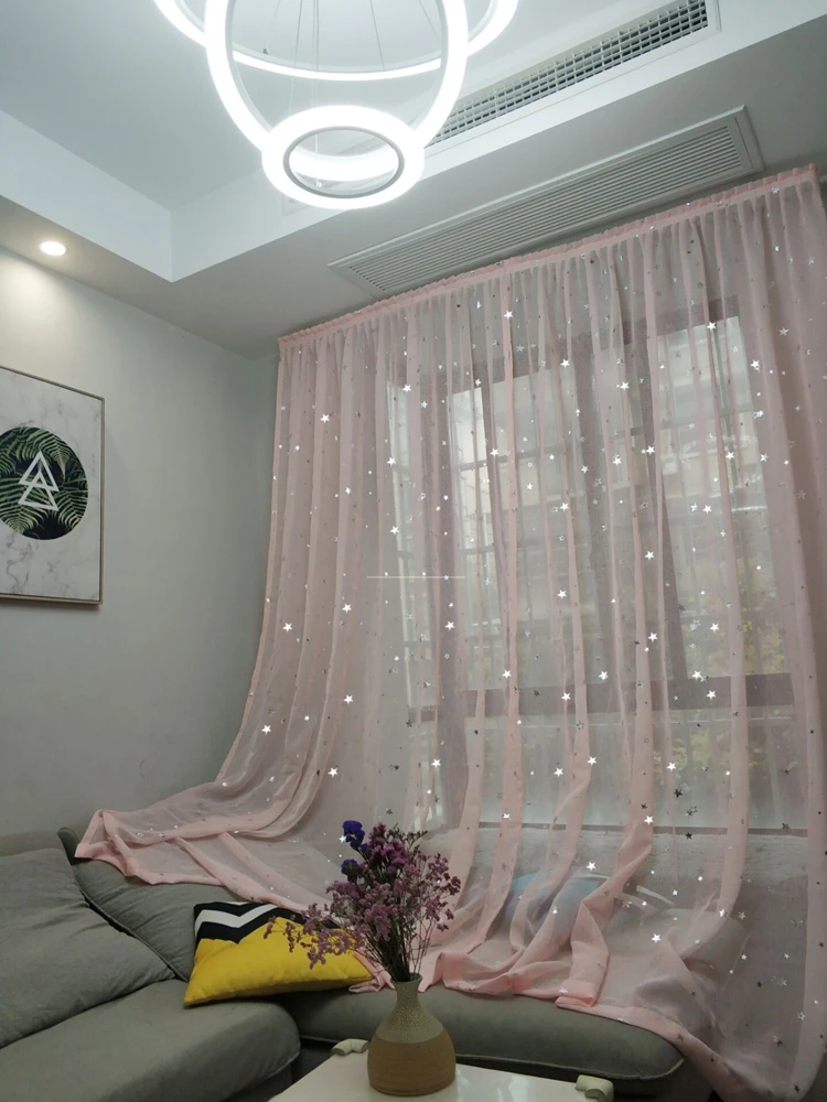 Magic Paste Self-Adhesive Bling Bling Tulle Curtains Punch-Free Semi Sheer Door Window Drapes for Living Bedroom Star Gauze