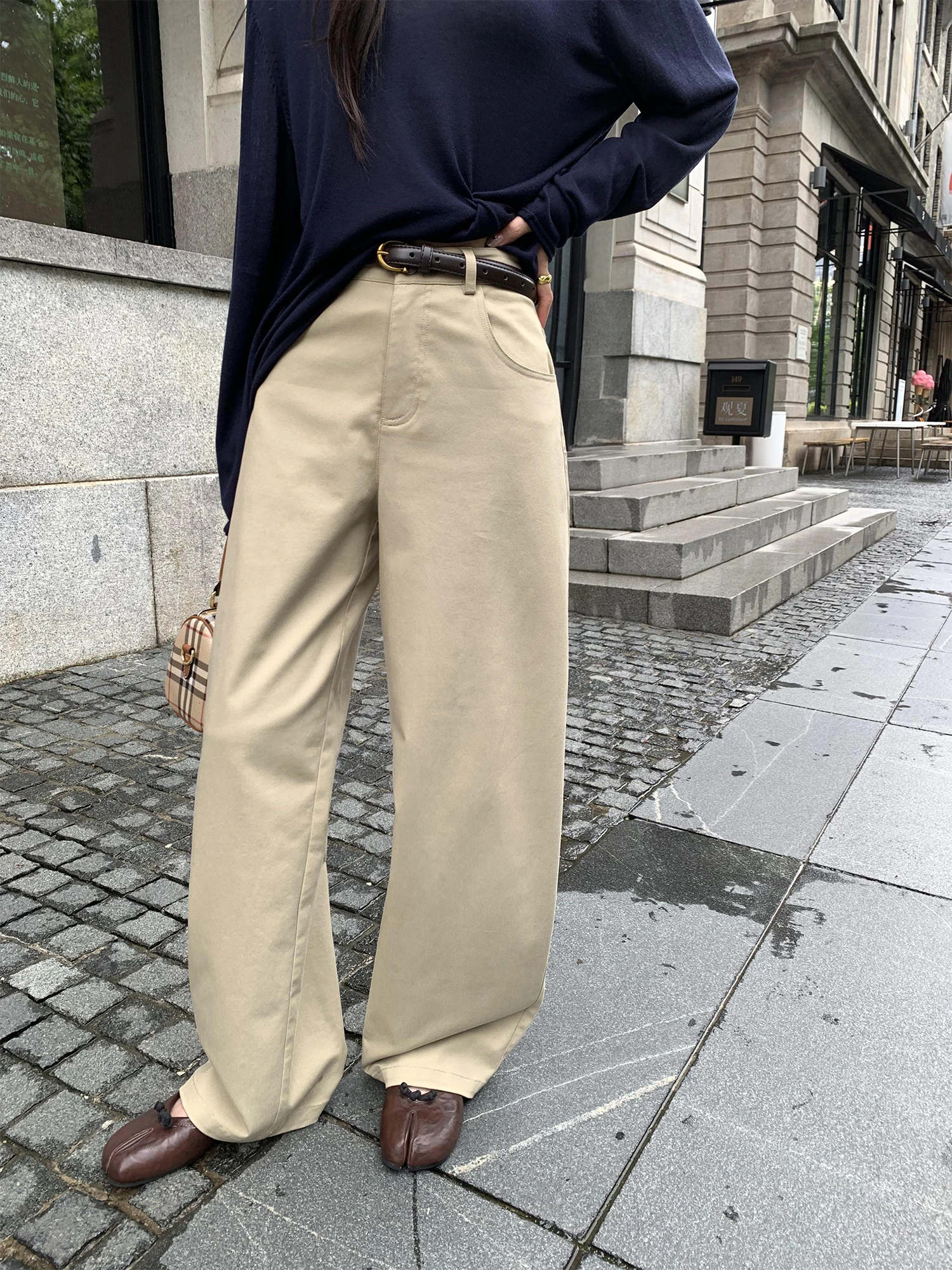 

Pusumede Khaki Wide Leg Pants Women's Loose Straight Casual Commute Trousers High Waist Floor Length Cotton Blend Pants