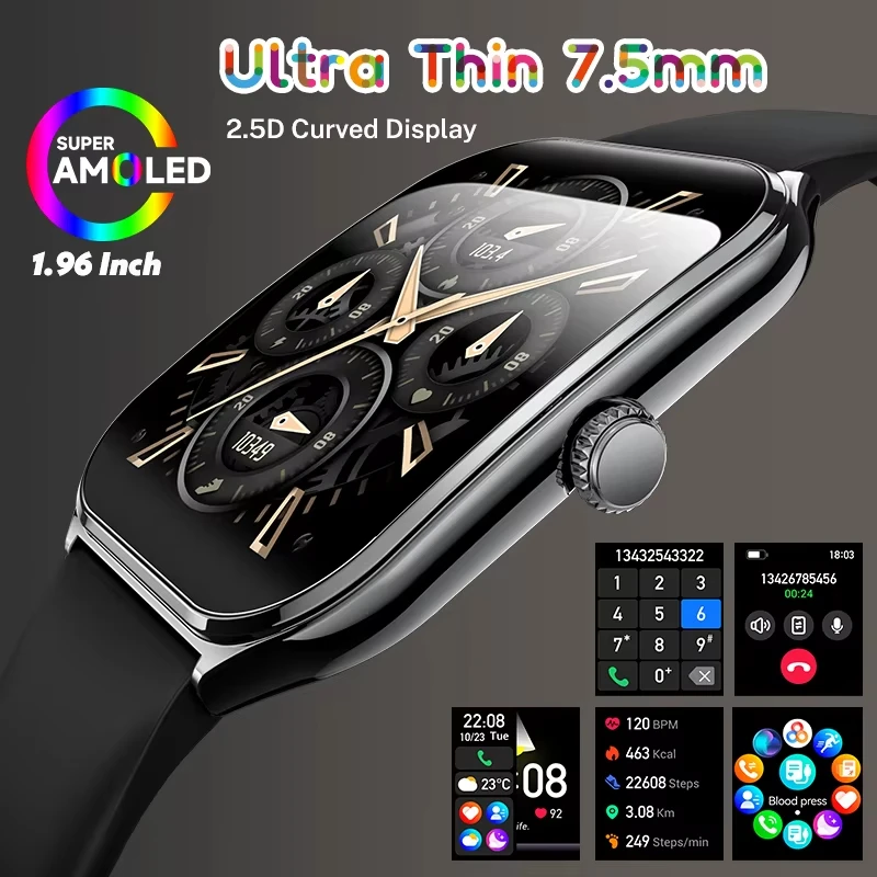 

Fashion Ultra thin Amoled Smartwatch 1.96inch Curved BT Call Health Monitor Fitness Watches Men AMOLED Smart Watch for Sport