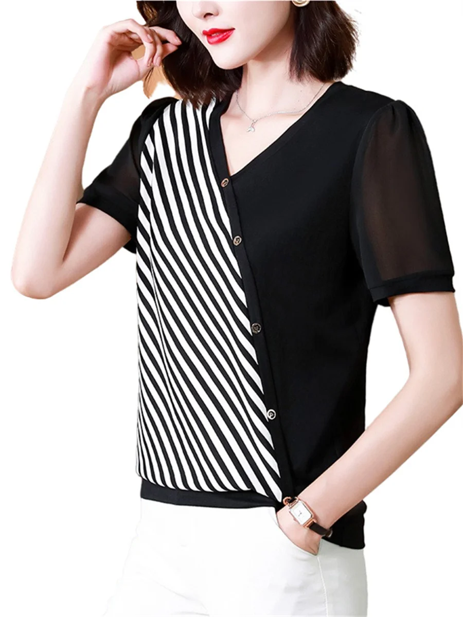 

4XL Women spring summer Blouses Shirts Lady Fashion Casual short Sleeve V-Neck collar stripe T-shirt Blusas Tops CT0482