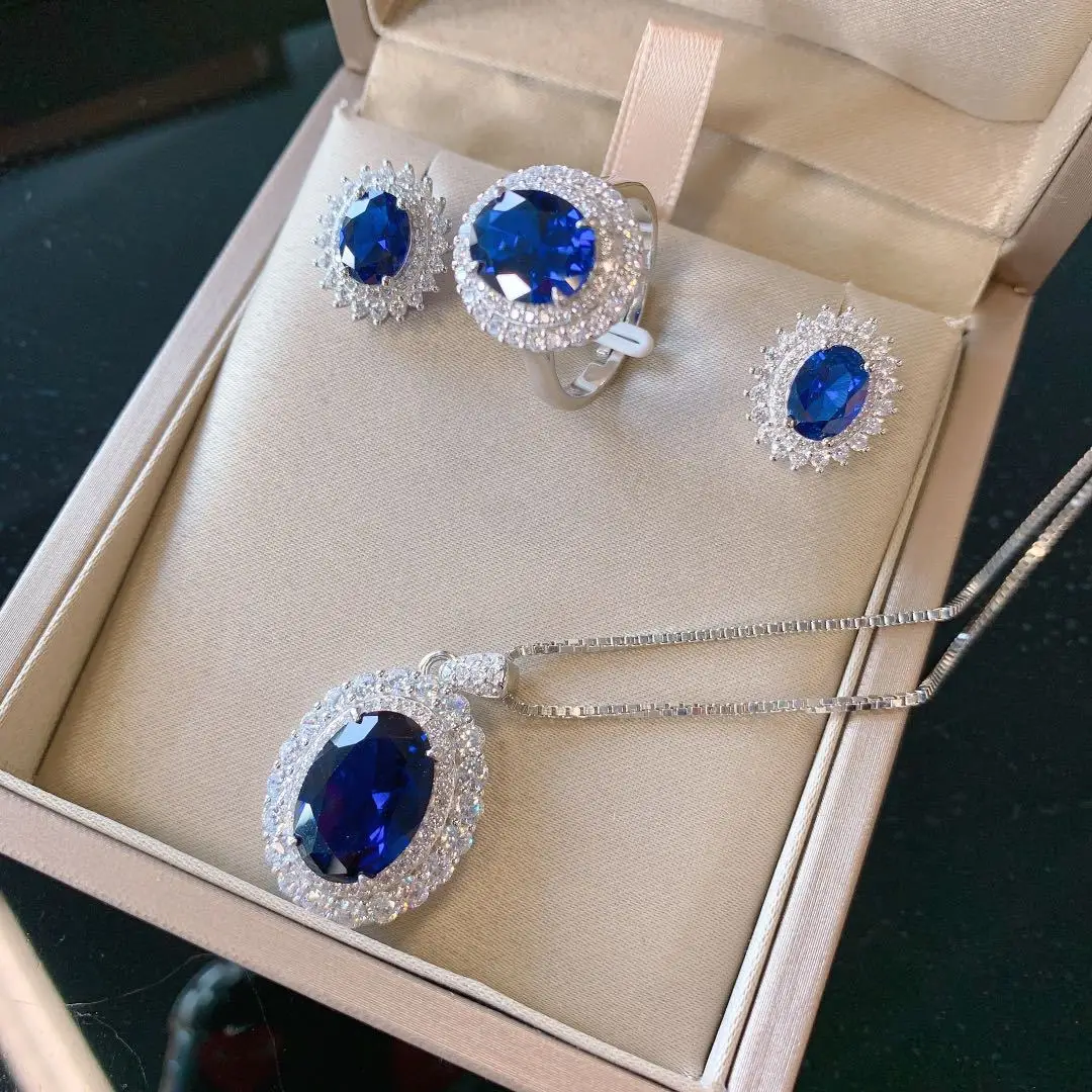 Classic dark blue oval Jewelry Sets Ring Necklace earrings for women Necklace Sapphire Tanzanite Retro