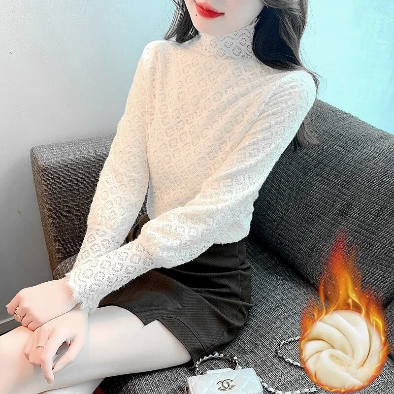 

Fashionable Lace Base Shirt Women's Autumn Winter Thickened Long Sleeve Fleece Lined Elegant Top Korean Style Bubble Sleeve