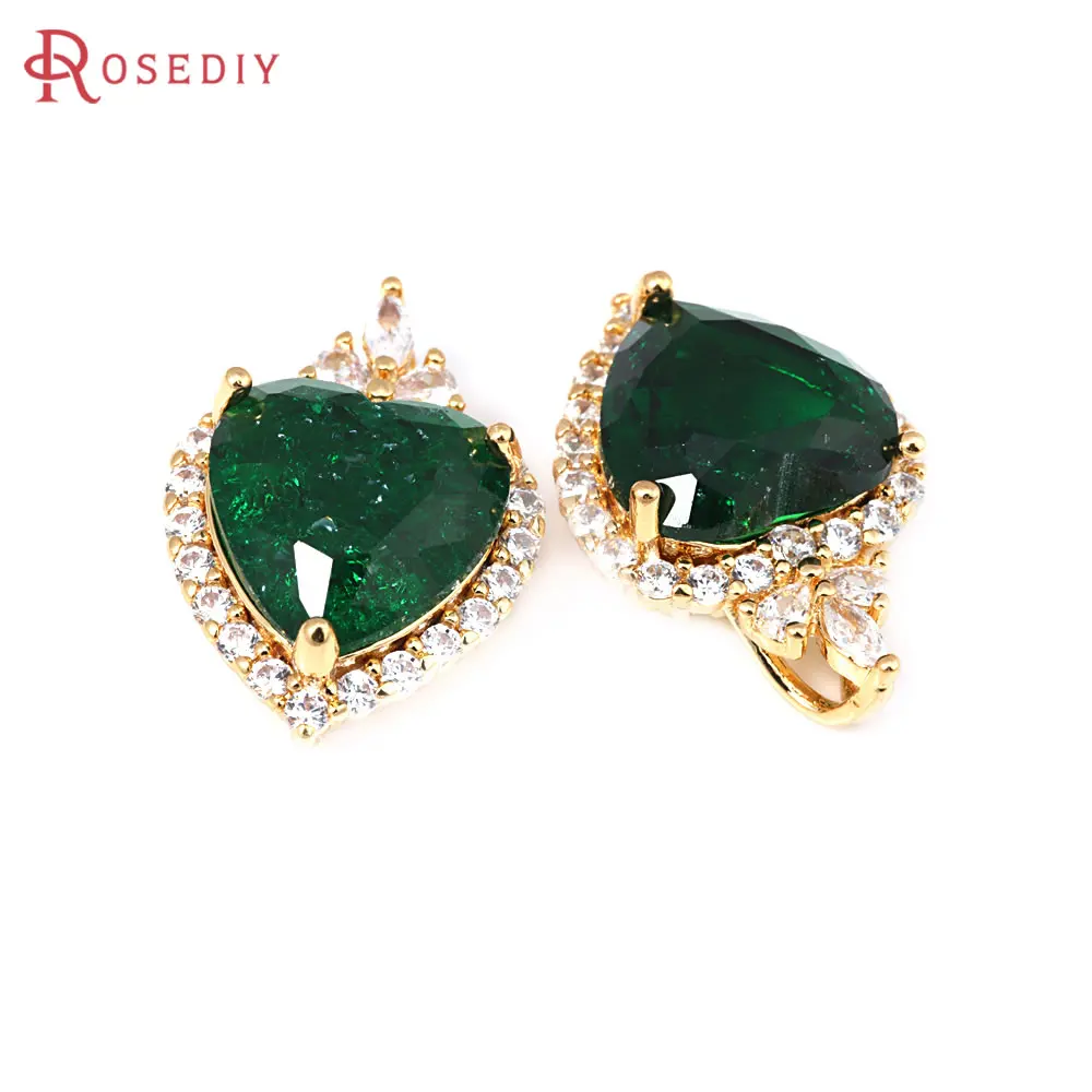 2PCS 18K Gold Color Brass and Zircon and Glass Heart Charms Pendants Diy Jewelry Making Supplies Necklace Accessories for Women