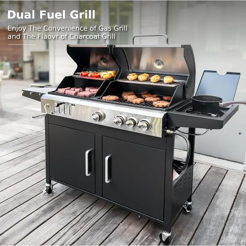 Dual Fuel Propane Gas Grill and Charcoal Grill Combo with Side Burner, Porcelain-Enameled Cast Iron Grate, Extra Large BBQ Grill