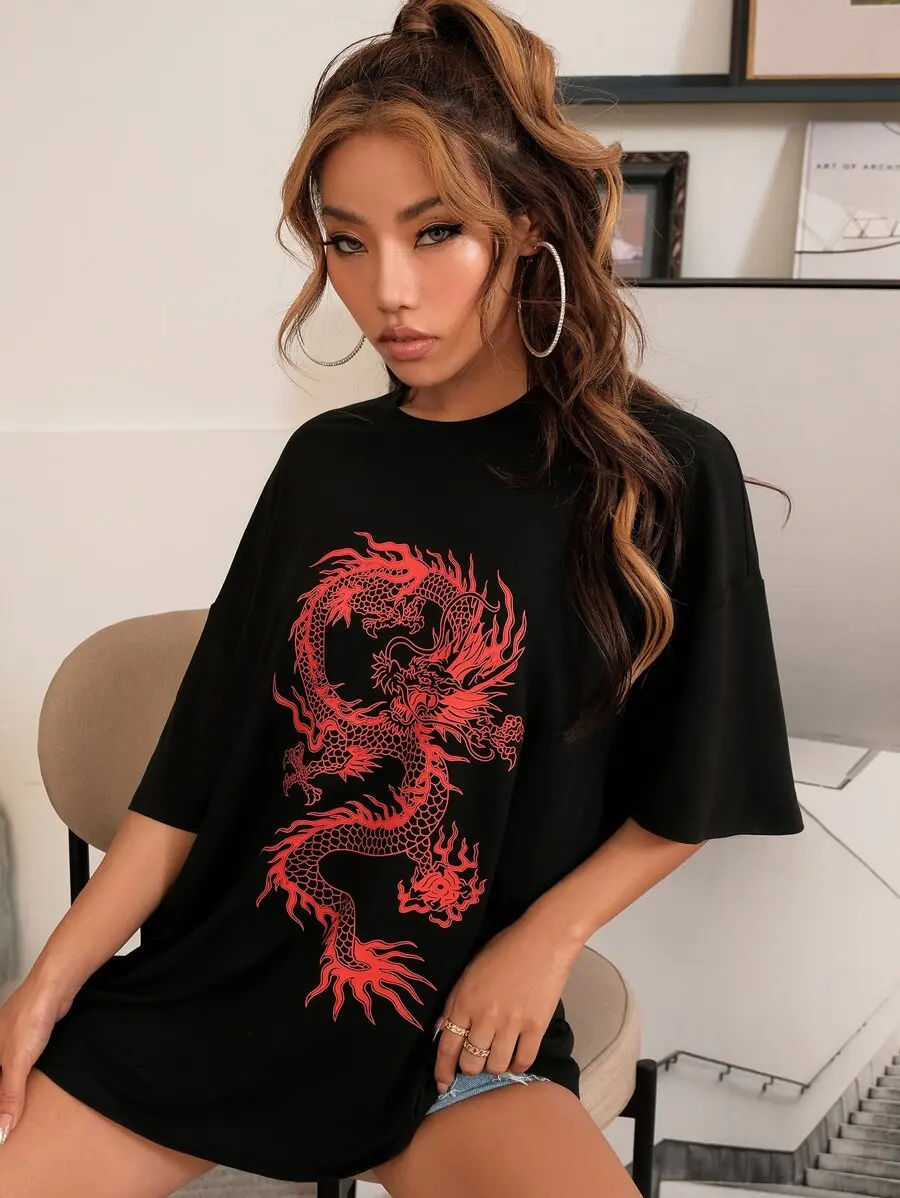 Chinese dragon print cutout design Dropped Shoulder T-Shirt Women Hip Hop Streetwear Summer Cotton Breathable Tops Brand Clothes