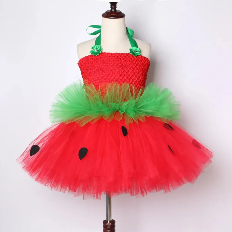 Cute strawberry tutu dress red green tulle flowers Princess girls birthday party dress children kids Christmas Halloween costume